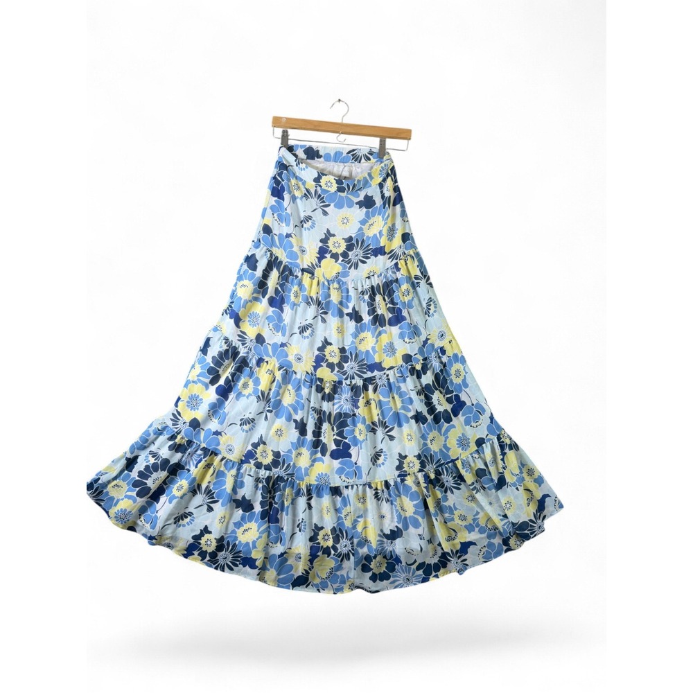 Sugarlips Blue Yellow Floral Tiered Maxi Skirt Small Boho Cottagecore Lined